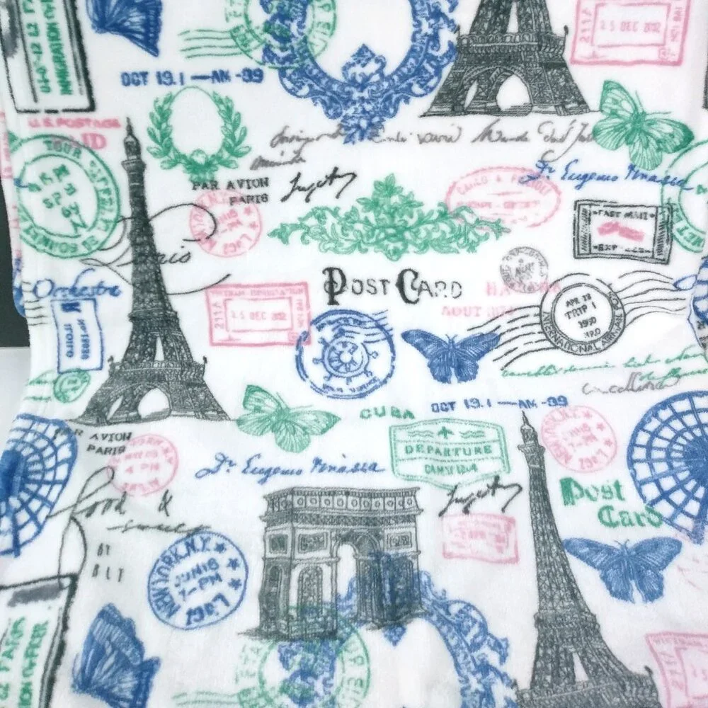 Paris Postmark Throw Blanket - White with Green, Blue & Pink Accents